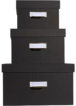 Exacompta 79601E 3er Pack Aufbewahrungsbox aus stabilem Recycling-Karton mit Textileffekt. Je 1x DIN A6+, A5+, A4+. Ordnungsbox mit Deckel Geschenkbox Transportbox Schachtel Allzweckbox Schwarz