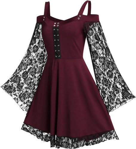 Robe Gothique Médiévale Femme Robe Moyen Age Renaissance Dress Rétro à Manches Flares en Dentelle Costume Bustier Epaules Dénudées Robe de Bal Carnaval Cosplay Deguisement Halloween (Rouge vineux,M)