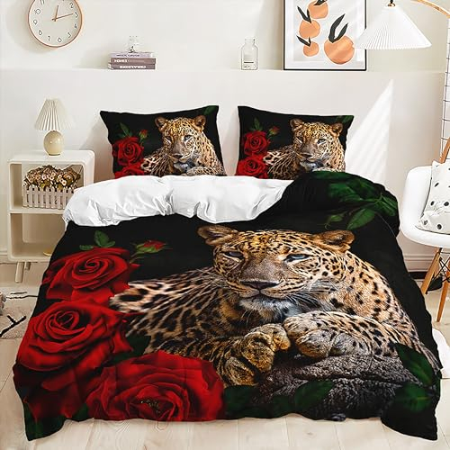 Yaofeiou 3D Effekt Tier Thema Bettwäsche 135x200 4Teilig Blume und Leopard Muster Bettbezug Weich Mikrofaser Bettwäsche Schwarz Weiß Wendebettwäsche Leopard Bettwaren-Set mit 2 Kissenbezug 80x80