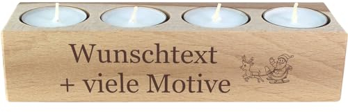 Weihnachtsdeko Teelichthalter für 4 Teelichter mit Motiv und Gravur - Holzkerzenständer, Aventsgeschenk, Alternative zum Adventskranz, 4er Set Kerzen