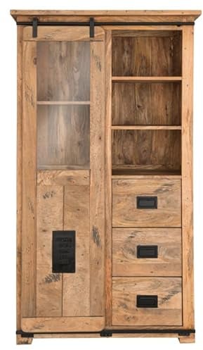 MR. DEKO® Vitrine Florenz Mango Vintage ca. 100 x 45 x175 cm | Mangoholz Schrank | Wohnzimmer Kommode | Industrial Look | massiver Vollholzschrank | Schiebetür mit Glaseinsatz