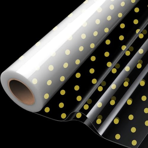Zellophanfolie, doppelt gefaltet, 20 m x 84 cm, transparente Zellophanfolie, bedruckt mit Goldpunkt, für Lebensmittel, Geburtstagsgeschenke, Blumen und Bastelarbeiten