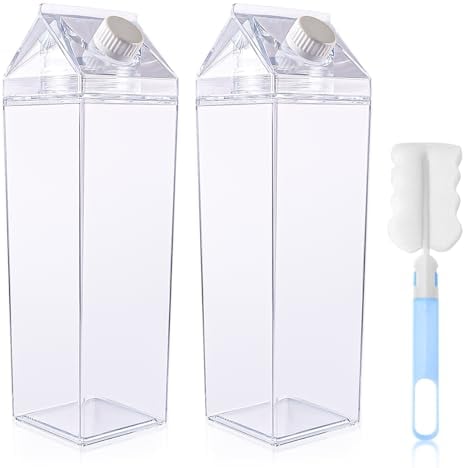Botella de agua de cartón de leche de 1 l, 2 unidades transparente cuadrada, caja de leche de plástico, cepillo para enviar, bebidas, té helado, botellas de leche, bebidas, zumo de bebidas, para
