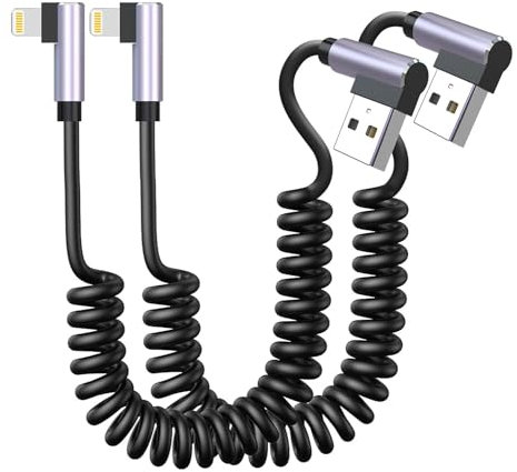 MTAKYA 90 Degree Apple Carplay Cable [2 Pack],Right Angle Coiled iPhone Charger for Car [Mfi Certified & Data Sync] Coiled Lightning Cord for Iphone14/13/12/11pro Max/Xs Max/Xr/Xs/X/8/7/Plus/6sIpad /iPod