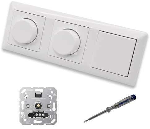 EBROM SET IDEE: JUNG 1730DD (2 x) LED Drehdimmer Dimmer + Dimmerscheiben A1740WW und Lichttaster Taster 531U in alpinweiß glänzend inklusive EBROM Phasenprüfer zur Montage der Geräte u.A. 1730 DD