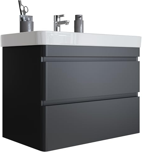 Newroom Waschbeckenunterschrank inkl. Waschbecken lackiert - Anthrazit matt - Hängend - mit viel Stauraum - 80x63x46 cm (BxHxT) - Badezimmermöbel, Waschtisch, Unterschrank
