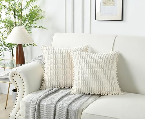 NordECO Home Kordsamt Kissenbezug 50x50 cm Beige Kissenbezüge Boho Pompons Dekorative DekoKissen Kissenhülle Sofakissen Weich für Sofa 2er Set