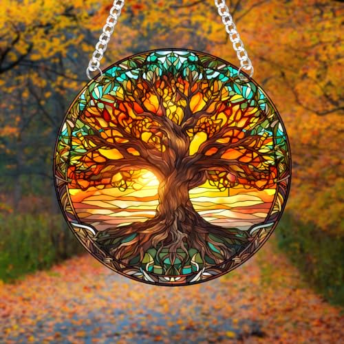 DRWSSR Acchiappasole in vetro colorato con albero della vita, naturale, rotondo, grande albero e tramonto, decorazione da appendere con catena in metallo, acchiappasole per decorazione per finestre,
