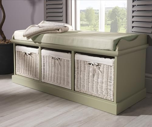 Tetbury Storage Bench with 3 Wicker Baskets | Fully Assembled Large Sage Green Hallway Shoe Storage Seat, W112cm D40cm H46cm (sage green)