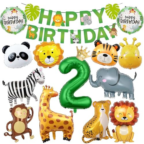 Deko 2. Geburtstag Junge Mädchen - 29 Stück Dschungel Geburtstagsdeko 2 Jahr, Wilde Tiere Geburtstag Deko mit Happy Birthday Banner und Zebra Giraffe Tier luftballon, Waldtiere Deko Kindergeburtstag
