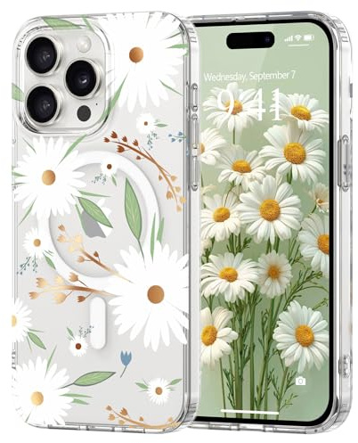 Pepmune for iPhone 15 Pro Case Floral Compatible with Magsafe | Cute Anti-Scratch Aesthetic Flower,Clear Anti-yellowing Magnetic Cover,Soft TPU Slim Protective for Girls Women-White Daisy