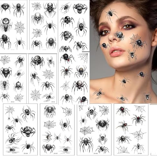 10 Blätter Spinnen Temporäre Tattoos,Halloween Schminke Tattoo Schwarz Spinne Tattoo Karneval Spinnennetze Gesicht Tattoos Aufkleber für Halloween Makeup Grusel party Rave