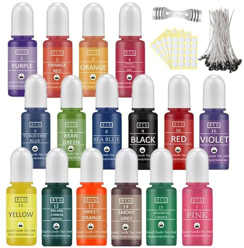 Kerzenwachs-Farbset, flüssige Kerzenfarbe, sichere, hochkonzentrierte Kerzenfarbe zur Kerzenherstellung mit Dochten für Sojawachs, Bienenwachs, Paraffinwachs (16 x 10 ml)