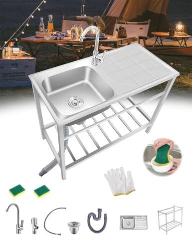AutmDizyne Fregadero Jardin Exterior Fregaderos De Cocina Comercial de Acero Inoxidable con Grifo Y Estantes De Almacenamiento Fregadero con Patas Acero para Restaurante Bar Garaje Fácil de Limpiar
