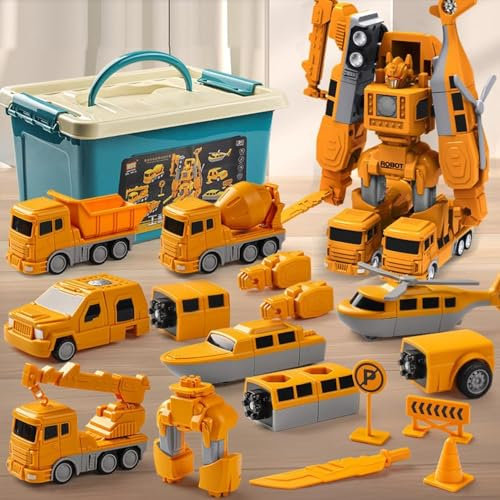 Eznaobo Magnetic Transform Engineering Car Assembled Toys with Storage Box, Magnetic Blocks for Age 3-8 Toddlers Kids, Magnetic Transforming Engineering Cars,Transforming Robot Toys (26pcs/yellow)