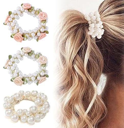 QOWIJEX 3 Stück Haargummis, Perle Haargummi mit Rosen, Elastische Pferdeschwanz Halter Stirnbänder, Haarschmuck für Frauen Mädchen Dame Kinder