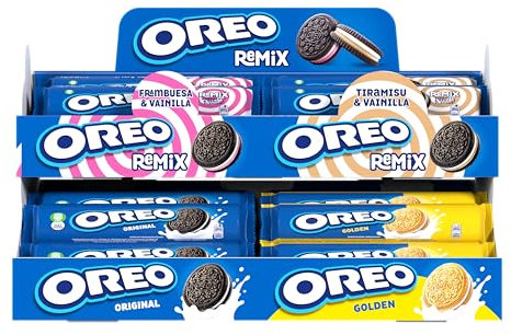 Oreo Mix, Caja Variada con Original (8), Golden (8), Remix Frambuesa (6) y Tiramisú (6), Total de 28 Packs