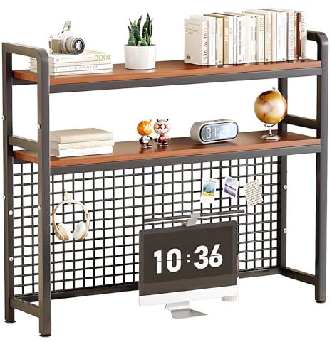 GASLIKE Tischregal 2-stufig für Büro und Küche, Schreibtisch Organizer und Bücherregal Tischregal mit Gitterfach, Holz & Metall, 115x98x20cm (Schwarz)