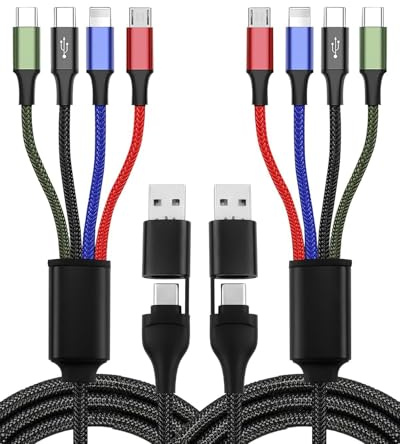 2Pcs 6 in 1 Multi Charging Cable, 4 in 2 Universal Charger Cable 15W Multi Charger Cable with Smart Current Distribution with Micro USB/Type C/Cables for/Samsung/HUAWEI
