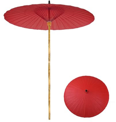 200cm Parasol de Jardin Shanghai Rouge, Parapluie de Style Chinois, Armature en Bambou, Protection UV pour Extérieur, Terrasse, Piscine