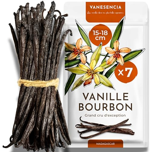 7 Stück Vanilleschoten XL 15-18cm | Bourbon Vanille Schoten aus Madagaskar | GRAND CRU | Vanillestangen fleischig & aromatisch | Zip-Beutel | VANESENCIA