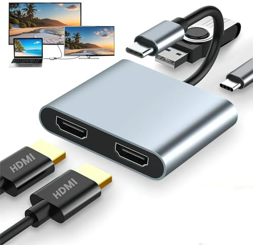 USB C to Dual HDMI Adapter for Dual Displays 4K 60Hz, USB 3.0 100W PD Charging, Type C to HDMI Splitter Extended Display for Nintendo Switch, Macbook, Imac Pro, Huawei, Xiaomi and other computers