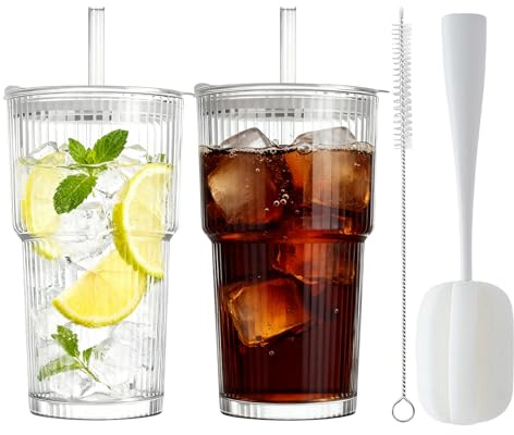 COEWUR 600ml Iced Coffee Cup with Lids and Glass Straws, 2 Pack Glass Tumbler with Straw and Lid, Clear Drinking Glasses for Juice, Coffee, Cocktail, Whiskey, Soda, Milk, Ice Water, Cold or Hot Drinks