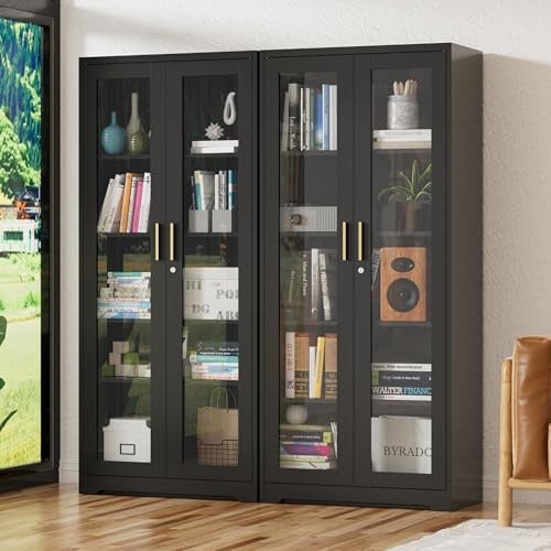 TIMELESS PIECES 180cm 5-Lagen Glasvitrine Metall Abschließbar und Glastüren | Glasvitrine Stehend Vitrinenschrank mit 4 verstellbaren Ablagen,Sammlervitrine für Schlafzimmer Wein,Büro,Schwarz 40x80x180cm