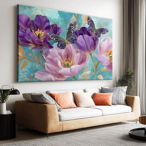 Leinwandbild XXL Natur 140x70 cm - Traumhafte Pflanzen & Schmetterlinge Wandbild - Modern Kunstdruck auf Leinwand Wanddeko für Wohnzimmer, Schlafzimmer (Aesthetic Dekoration)