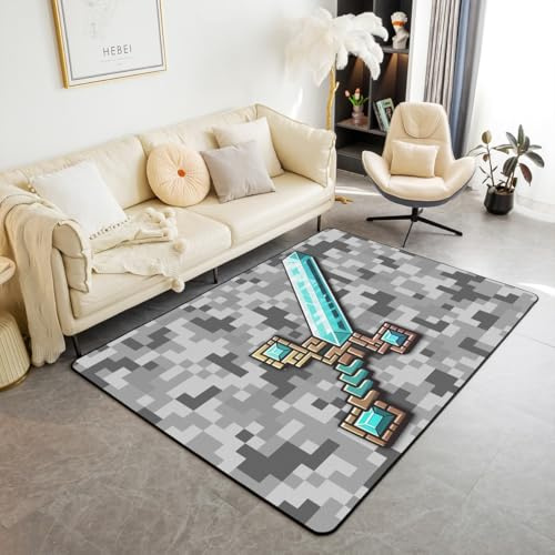 Manfei Blaues Pixel Schwert Bereich Teppiche,Miners Themenspiele Rutschfester Teppich Graues Pixelgitter Indoor Fußbodenmatte Home Wohnzimmer Dekor,100 x 150 cm