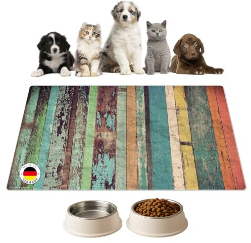 Napfunterlage | Futtermatte für Hunde und Katzen „Verwittertes Holz in bunten Farben “ aus Premium Vinyl - 60x40 cm – rutschhemmend, abwaschbar, reißfest - Made in Germany