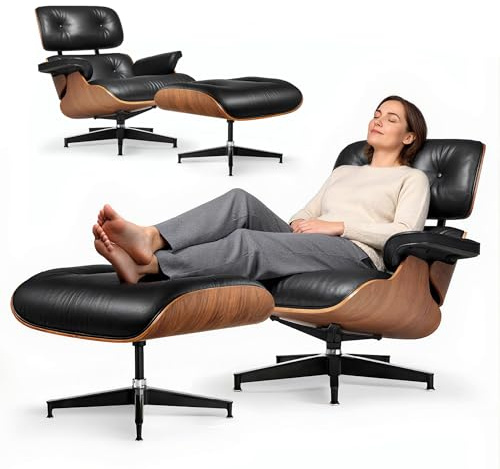 Asukale Leder Relaxsessel mit Hocker, Moderner Sessel Wohnzimmer Fernsehsessel, Drehbarer Chaiselongue mit Ottomane, Fester Neigungswinkel von 105°, mit Gepolstertem Kissen, Schwarz