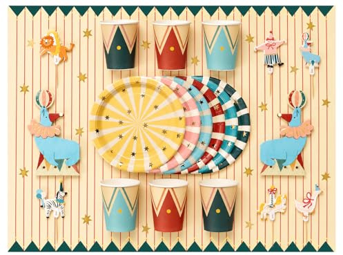 Libetui Zirkus Partygeschirr Set – 31 Teile für Kindergeburtstag | Circus Geschirrset für Kindergeburtstag mit Tellern, Bechern, Servietten, Cake Toppern & Tischdecke, Partydeko für 6 Kinder