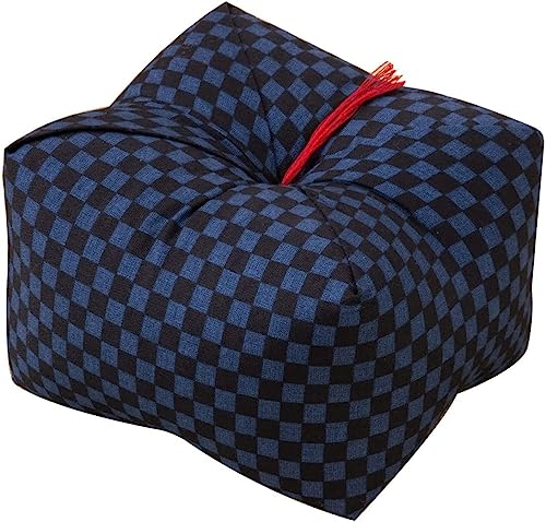 EMOOR Seiza-Kissen mit japanischen Buchweizenschalen, mittelgroß, 22,9 x 22,9 x 12,7 cm, hergestellt in Japan (Kariertes Blau), natürliche Buchweizenschalen, Sobagara-Boden-Sitzkissen, Tatami, kühles