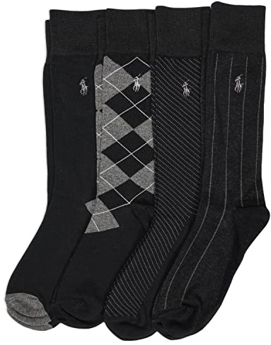 POLO RALPH LAUREN Men's Assorted Pattern Dress Crew Socks 4 Pair Pack - Soft and Lightweight Cotton Comfort, Black, 6-12.5