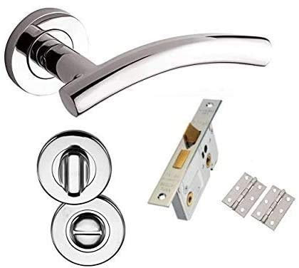 1 Set Door Handle Arched T-Bar Lever on Rose Furniture Bathroom Set C/w Bath Lock Hinges and Thumb Turn Polished Chrome - Golden Grace