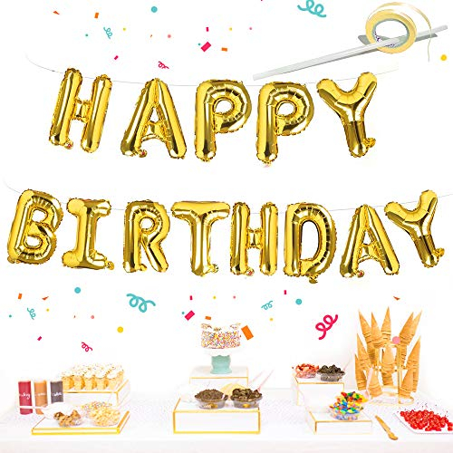 Happy Birthday Ballon Girlande, Gold Geburtstag Luftballon Deko Buchstaben Folienballons, 16 Zoll Alphabet Folien Banner Ballon mit Stroh Band für Kinder Junge Mädchen Geburtstag Babyparty Dekoration