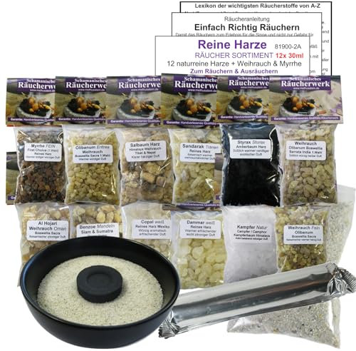 12x Räucherwerk WEIHRAUCH + BOSWELLIA + MYRRHE + AL HOJARI + OLIBANUM + KOPALHARZ + STYRAX uvm. 16-tlg RÄUCHERSORTIMENT zum räuchern. 81900-2A (12er Set mit Zubehör & 10cm Keramik Räucherschale)