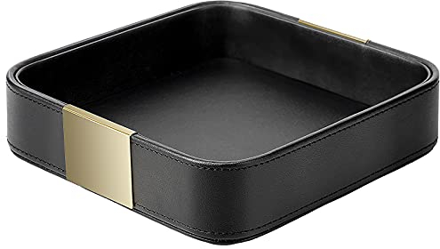 SANZIE Luxury Leather Desktop Storage, Small Catchall Organizer, Decorative Tray for Entryway Table to Hold Jewelry,Watch,Cosmetics,Keys,Phone,Wallet,Home & Office Accessories (Metal Glided, Black)