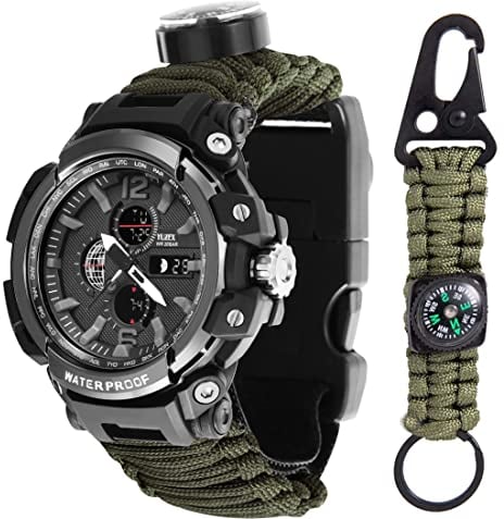 WLDOCA 50m wasserdichte Militäruhr Herren Outdoor Sportuhr LED Digital Armbanduhr Kompass Thermometer Quarzuhr mit Schlüsselanhänger,D