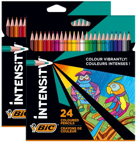 BIC Intensity Buntstifte, Dreikant-Aquarellstifte, Malstifte zum Malen in 24 Farben, im Karton Etui, Bruchsichere Mine und ohne Holz, 2x 24 Stück
