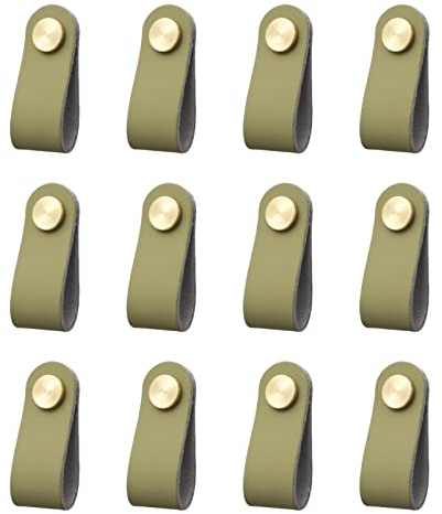JHPAIOQ Möbelgriffe Ledergriff für Möbel, 12 Stück Leder Schrankgriffe Einzelloch Lederschlaufe, 70×25 mm, Messing Metallkopf Schubladengriffe Türgriffe Schrankknauf Antikollision Griff Schränke-Grün