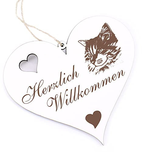 Herzlich Willkommen Schild - Maine Coon Katze Kopf - Deko Herz Holz Willkommensschild Türschild Dekoschild Türdeko