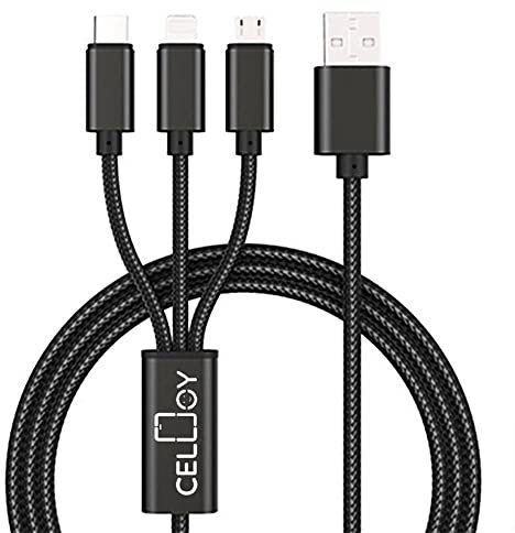 CellJoy Multi Charger Cable3 in 1 Charger Cable [1.2M] Multiple USB Cable Nylon Braided with Micro USB Type C iProduct Cable Connector for iPhoneAndroid GalaxyHuaweiNokia,LGMP3 SmartWatch (Black)