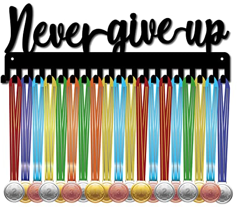 CREATCABIN Never Give Up Medaillenhalter Sportmedaillen-Ausstellungsständer Wandhalterung Aufhänger Dekoration Edelstahl Aufhängen Auszeichnung Für Laufen Fußball Gymnastik Über 60 Medaillen Schwarz