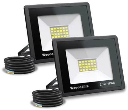 Wegoodlife 2 Stück 20W LED Strahler Außen, Superhell 1510LM Wandleuchte, 6500K Kaltweiß Aussenstrahler, IP66 Wasserdicht Flutlicht, Scheinwerfer für Hinterhof Auffahrt Garage Sportplatz Flur Garten
