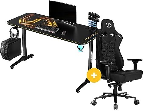 ULTRADESK Computertisch Gaming Tisch Schreibtisch FRAG V3 + Stuhl Throne - Komplette Set für Gamer - Stahlkonstruktion, Platz für Zwei Monitore - Zwei Kissen, 4D-Armlehnen, Bequemlichkeit - Gold