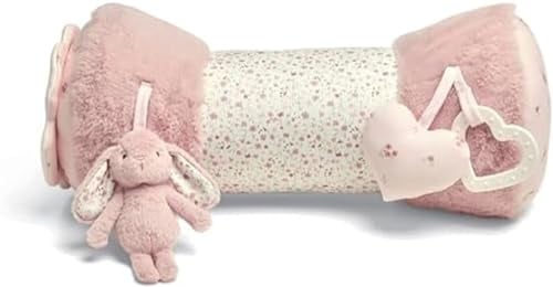Mamas & Papas Tummy Time Roll, Interactive Soft Baby Pillow with Integrated Rattle, Welcome to The World, Pink