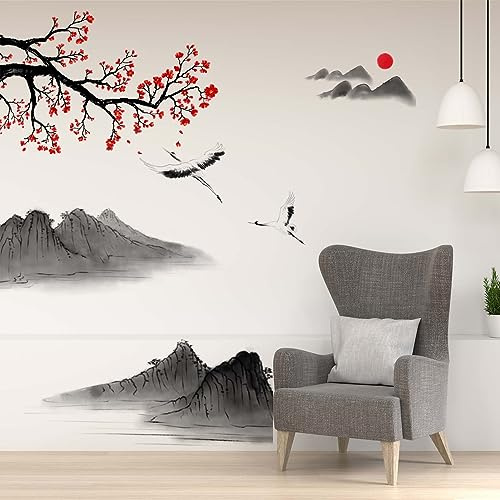 Cherry Blossom Wall Stickers for Bedroom: Peel and Stick Flower Bird Japanese Style Landscape Painting Mountain Wall Decals - Living Room Office Bathroom