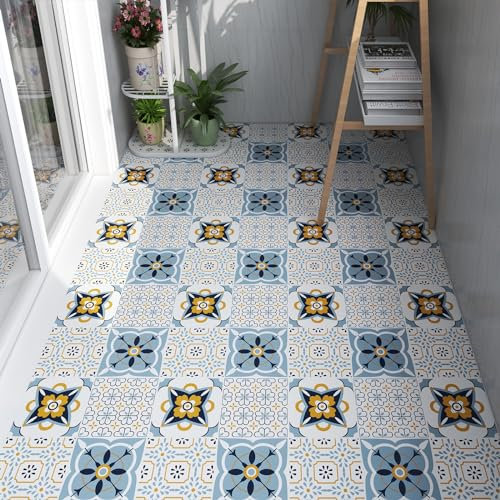 Peel and Stick Floor Tiles Self Adhesive Floor Tile Vinyl Flooring for Bathroom Kitchen Living Room Colorful Moroccan 30x30cm (11.8 x 11.8 inches) 0.9㎡
